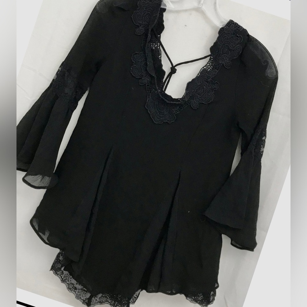 Free People Crochet Black Lace Boho Fall Top size S or P